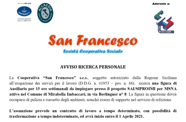 Coop. "San Francesco" s.c.s. ricerca Ausiliario per il Progetto SAI/SIPROIMI "Mirabella MSNA"