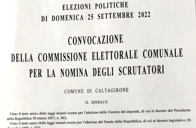 Caltagirone. Scrutatori per elezioni nazionali e regionali di domenica 25 settembre: venerdì 2 settembre, alle 10, sorteggio aperto al pubblico