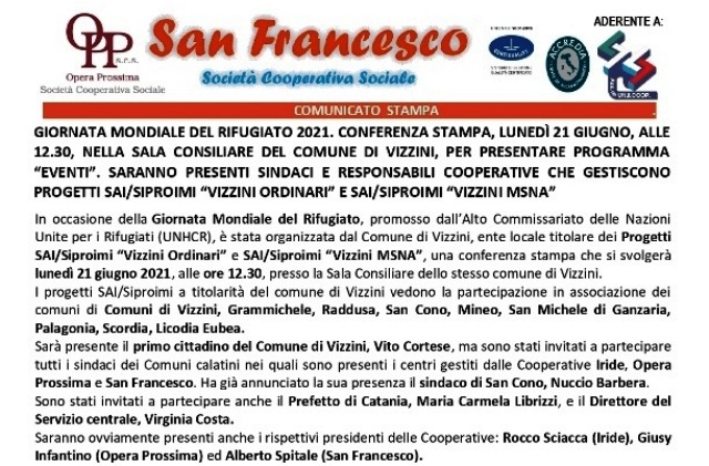 Giornata Mondiale Rifugiato. Conferenza Stampa, lunedì 21 giugno, alle 12.30, Sala Consiliare Comune Vizzini, per presentare gli “Eventi”. Ci saranno Sindaci e Responsabili Coop. che gestiscono Progetti SAI/Siproimi "Vizzini Ordinari" e "Msna"