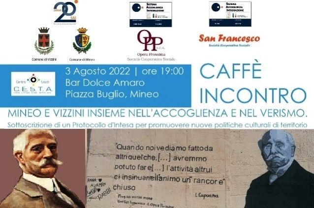 “Mineo e Vizzini insieme nell'accoglienza e nel Verismo": un "Caffè Incontro" e un "Protocollo d'intesa", mercoledì 3 agosto, in piazza Buglio