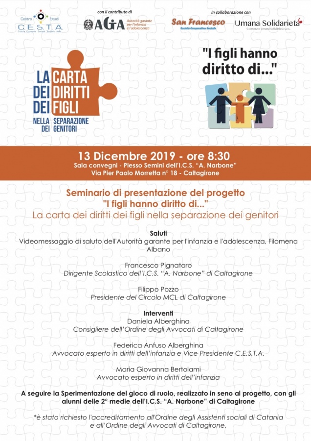 SEMINARIO DI PRESENTAZIONE DEL PROGETTO "I FIGLI HANNO DIRITTO DI..." - LA CARTA DEI DIRITTI DEI FIGLI NELLA SEPARAZIONE DEI GENITORI