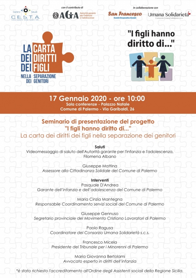 SEMINARIO DI PRESENTAZIONE DEL PROGETTO "I FIGLI HANNO DIRITTO DI..." - LA CARTA DEI DIRITTI DEI FIGLI NELLA SEPARAZIONE DEI GENITORI