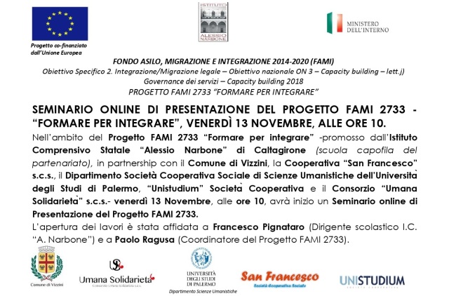 Seminario Online di Presentazione del Progetto FAMI 2733 - “Formare per Integrare”, venerdì 13 novembre, alle ore 10