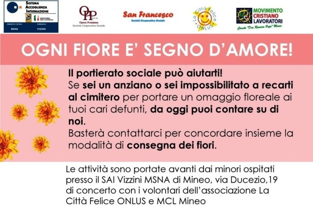 “Ogni Fiore è segno d’Amore”. Progetto di porteriato sociale per anziani e più deboli. Ai loro defunti, su richiesta, i minori del SAI “Vizzini Msna” porteranno un omaggio floreale