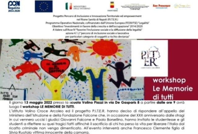 Progetto P.I.T.E.R., venerdì 13 maggio, dalle 9, scuola “Volino Piazzi” di Napoli, in Vicoletto De Gasparis 8, Workshop “Le memorie di tutti”