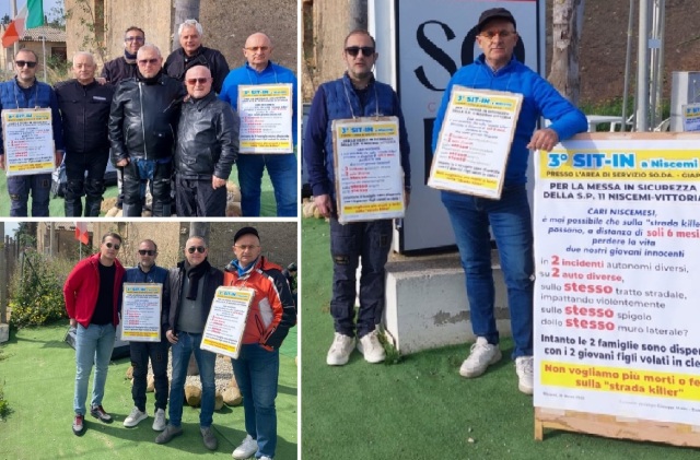 Niscemi. Esito terzo Sit-in di Giuseppe Maida e Rosario Ristagno per la messa in sicurezza della Sp 11 Niscemi-Priolo, con il commosso abbraccio dei familiari di Alex Di Pasquale e della piccola Aurora Pitino