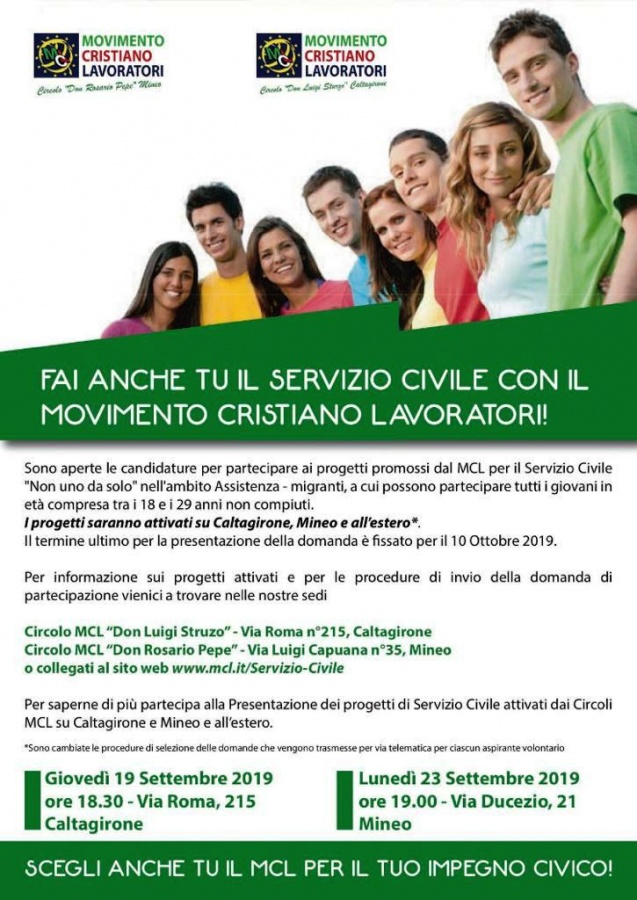 MCL e "Servizio Civile": incontri info il 19 a Caltagirone e il 23 settembre a Mineo. 