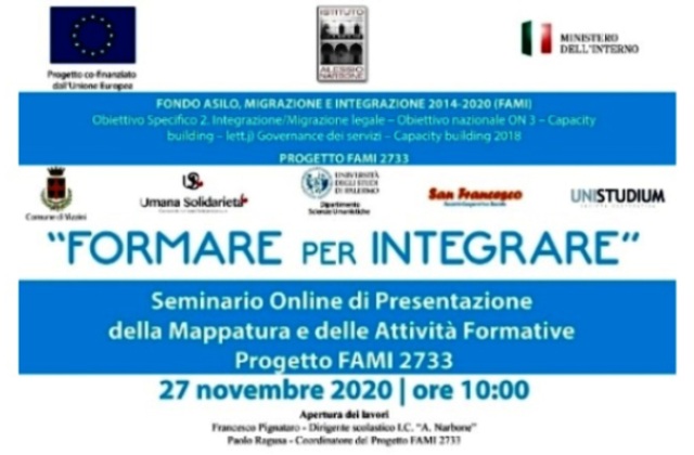 Progetto FAMI 2733 - “Formare Per Integrare”: Venerdì 27 Novembre, alle 10, Seminario online Presentazione Mappatura e Attività Formative 