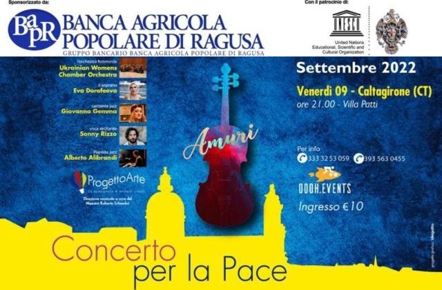 Caltagirone. “Concerto per la Pace” questa sera, venerdì 9 settembre, alle ore 21, a Villa Patti