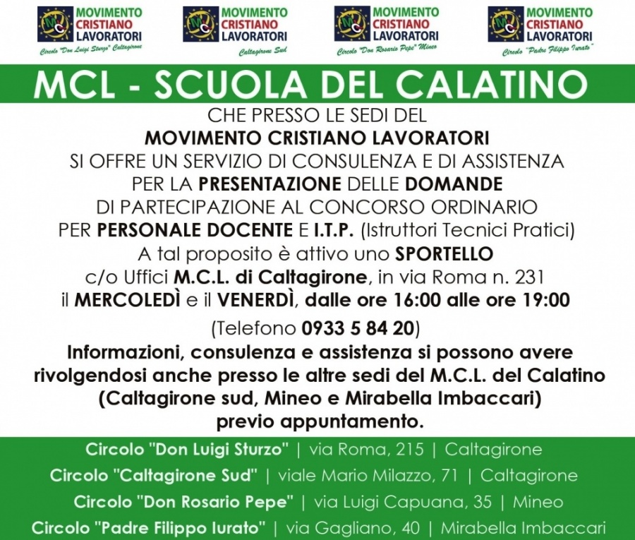 Scuola: nelle sedi calatine M.C.L. informazioni e presentazione domande prossimo concorso