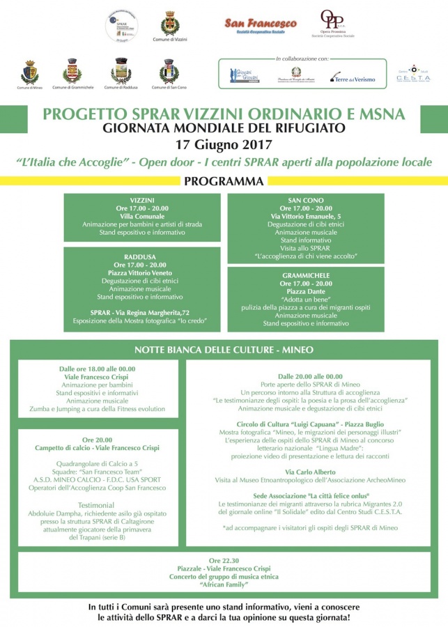 IL 17 GIUGNO A VIZZINI, SAN CONO, RADDUSA, MINEO E GRAMMICHELE LA GIORNATA MONDIALE DEL RIFUGIATO: “L’ITALIA CHE ACCOGLIE”