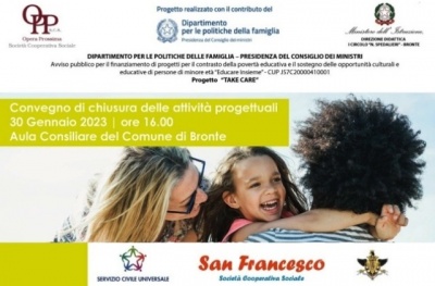 Bronte. “TAKE CARE” - Educare Insieme, 30 gennaio Convegno di chiusura attività progettuali, aula consiliare del municipio