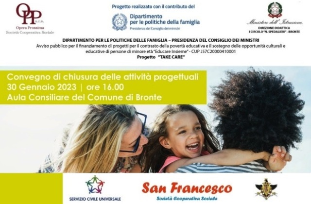 Bronte. “TAKE CARE” - Educare Insieme, 30 gennaio Convegno di chiusura attività progettuali, aula consiliare del municipio