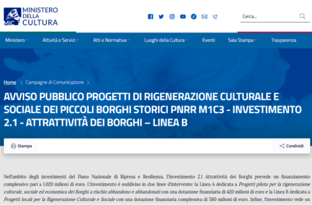 AVVISO PUBBLICO PROGETTI RIGENERAZIONE CULTURALE E SOCIALE PICCOLI BORGHI STORICI PNRR M1C3 - INVESTIMENTO 2.1 - ATTRATTIVITÀ BORGHI – LINEA B