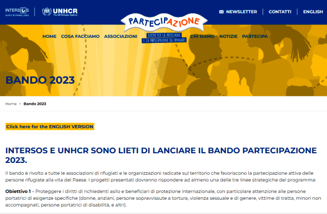 INTERSOS e UNHCR hanno lanciato il bando "PartecipAzione", rivolto a tutte le associazioni di rifugiati e le organizzazioni radicate sul territorio che favoriscono la partecipazione attiva delle persone rifugiate alla vita del Paese