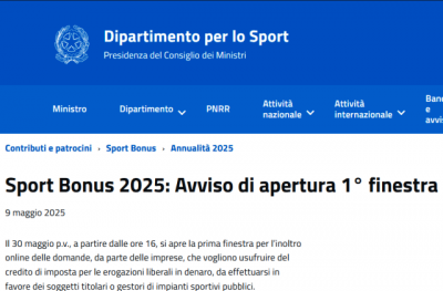 Sport Bonus 2025: Avviso di apertura 1° finestra: venerdì 30 maggio 2025, dalle ore 16