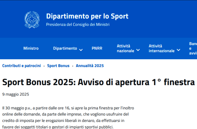 Sport Bonus 2025: Avviso di apertura 1° finestra: venerdì 30 maggio 2025, dalle ore 16