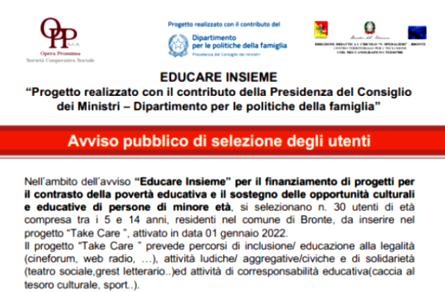 Bronte: si presenta il progetto ‘Take Care’, per contrasto povertà educativa e sostegno opportunità culturali ed educative dei minori 