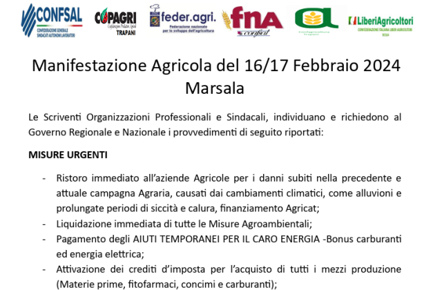 Domani 16 e sabato 17 febbraio, a Marsala ci saranno i trattori e gli agricoltori della provincia di Trapani, per la manifestazione di protesta 