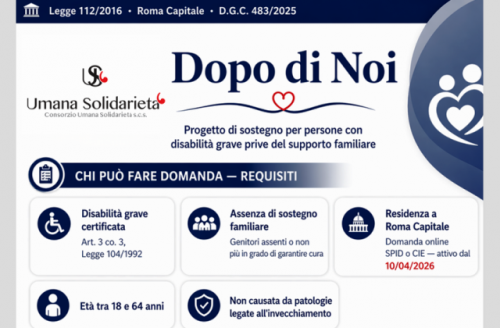 Consorzio Umana Solidarietà è tra gli enti del Terzo Settore accreditati da Roma Capitale, nell’ambito del Progetto "Dopo di Noi", assistenza alle...