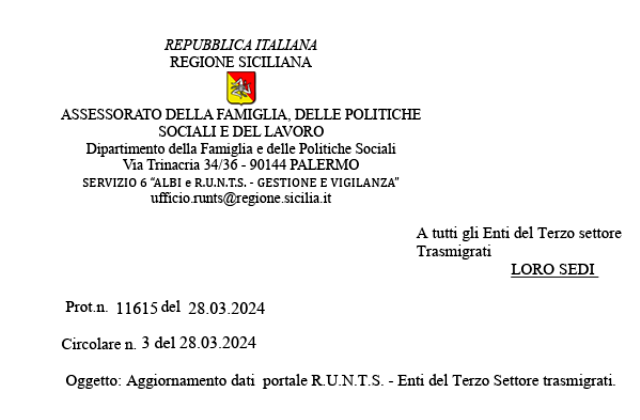 “Aggiornamento dati portale R.U.N.T.S. - Enti del Terzo Settore trasmigrati”. Circolare dell'Assessorato regionale Famiglia, Politiche Sociali e Lavoro – Dip. Famiglia Politiche Sociali