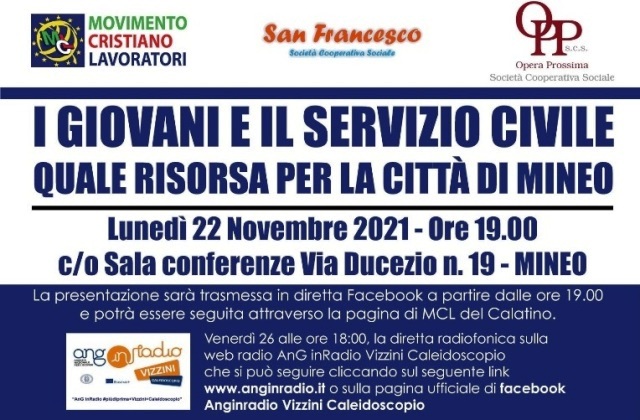 “I giovani e il Servizio civile quale risorsa per la città di Mineo”. Conferenza stampa, lunedì 22 novembre, ore 19, anche in diretta facebook 