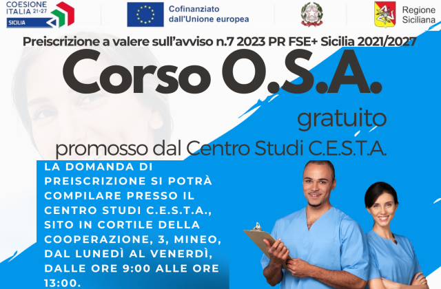 Corso O.S.A. “gratuito” promosso dal Centro Studi C.E.S.T.A. Le pre-iscrizioni a Mineo, Cortile della Cooperazione n.3