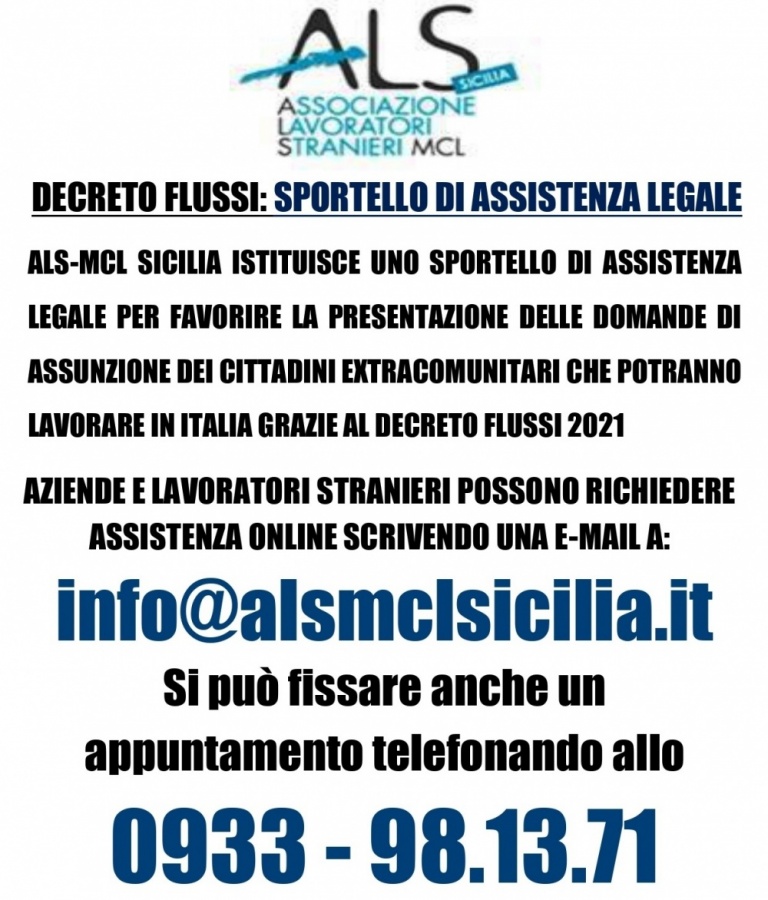 Oggi, 27 gennaio, primo “Click day” per ingresso di lavoratori non comunitari. ALS-MCL Sicilia: le istanze vanno presentate fino al 17 marzo 2022 