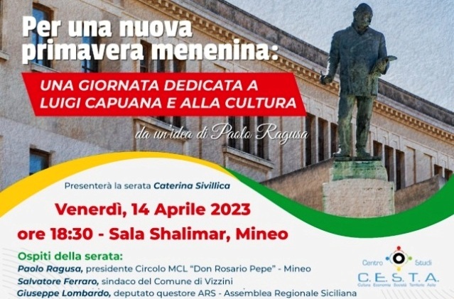 Mineo. Serata dedicata alla Cultura e al "verista" Luigi Capuana, da un'idea di Paolo Ragusa, venerdì 14 aprile, ore 18.30, sala "Shalimar"