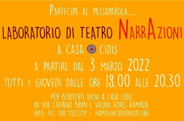 Napoli. Al via il laboratorio di teatro narrazioni: dal 3 marzo a casa Cidis