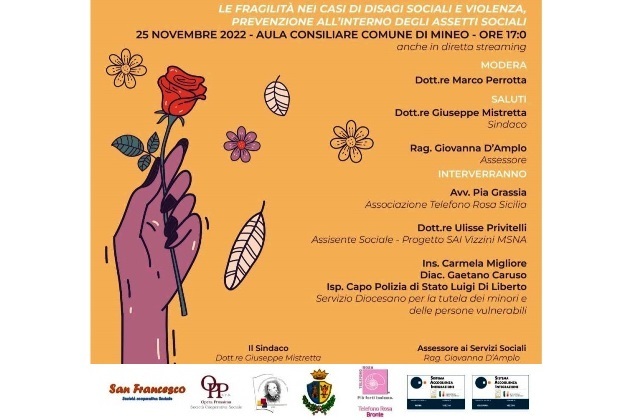 Mineo. Oggi, venerdì 25, alle 17, si parla di fragilità nei casi di disagi sociali e violenza, prevenzione all’interno degli assetti sociali