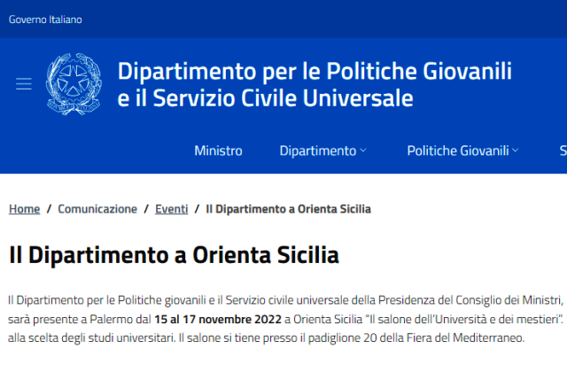 A Orienta Sicilia “Il salone dell’Università e dei mestieri” (Palermo 15-17 novembre) sarà presente il Dipartimento per le Politiche giovanili e il Servizio civile universale