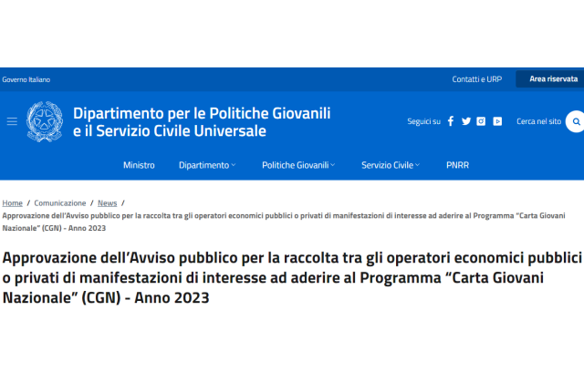 Approvazione dell’Avviso pubblico per raccolta tra operatori economici pubblici o privati di manifestazioni di interesse ad aderire al Programma “Carta Giovani Nazionale” (CGN) - Anno 2023