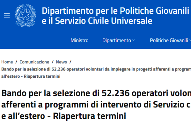 Bando per la selezione di 52.236 operatori volontari da impiegare in progetti afferenti a programmi di intervento di Servizio Civile Universale da realizzarsi in Italia e all’estero - Riapertura termini