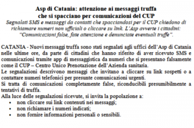 Asp di Catania: attenzione ai messaggi truffa che si spacciano per comunicazioni del CUP