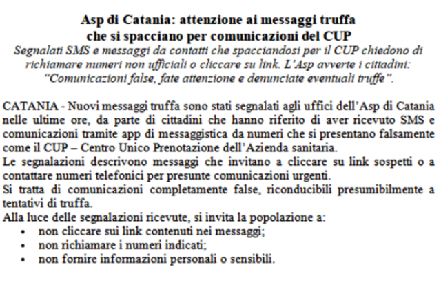 Asp di Catania: attenzione ai messaggi truffa che si spacciano per comunicazioni del CUP