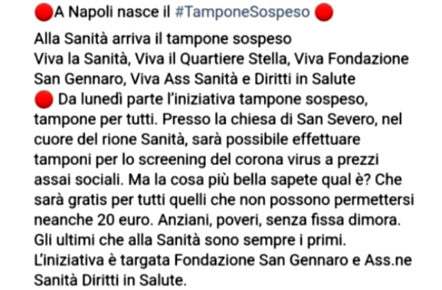 Rione Sanità di Napoli: al via iniziativa sociale "Tampone Sospeso", per chi è in difficoltà