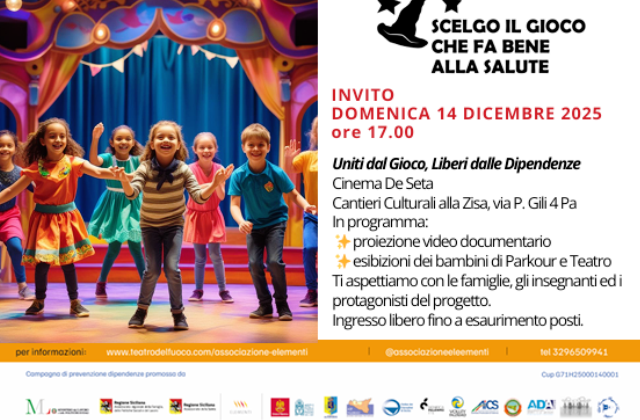 Uniti dal gioco: a Palermo le periferie salgono sul palco contro dipendenze e solitudini, domenica 14 dicembre, alle ore 17, nella Sala "De Seta" dei Cantieri Culturali della Zisa