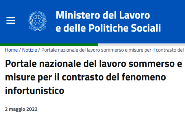 Ministero del Lavoro. Portale nazionale del lavoro sommerso e misure per il contrasto del fenomeno infortunistico