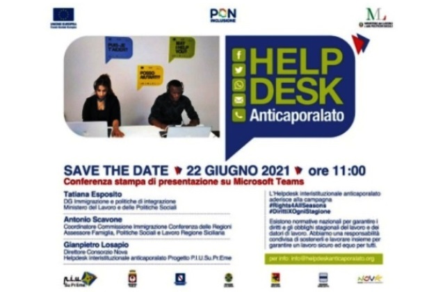 Attivo il primo Helpdesk interistituzionale Anticaporalato, il 22 giugno la presentazione