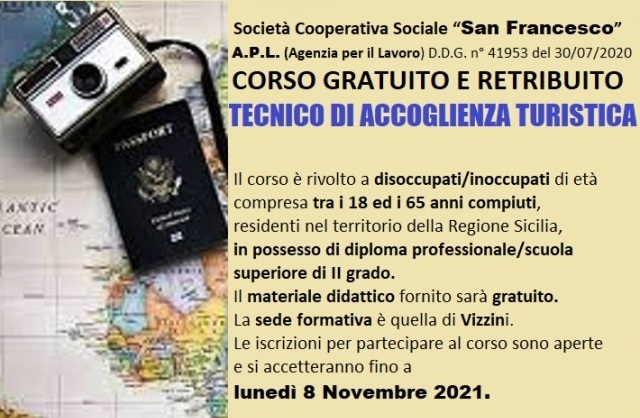 Corso gratuito e retribuito per Tecnico di Accoglienza turistica. Aperte le iscrizioni fino a 8 novembre 2021. L'organizza la Coop. San Francesco - A.P.L. (Agenzia per il Lavoro)