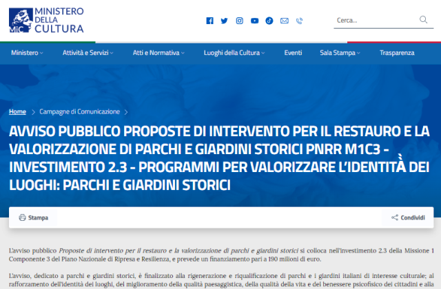 AVVISO PUBBLICO PROPOSTE INTERVENTO PER RESTAURO E VALORIZZAZIONE PARCHI E GIARDINI STORICI PNRR M1C3 - INVESTIMENTO 2.3 - PROGRAMMI PER VALORIZZARE IDENTITÀ̀ LUOGHI: PARCHI E GIARDINI STORICI